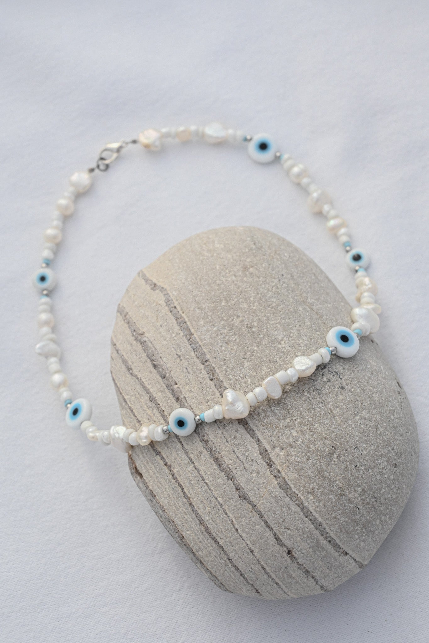 White Evil Eye Pearl Necklace