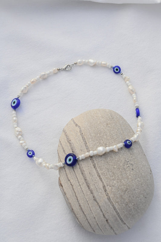 Blue Evil Eye Pearl Necklace